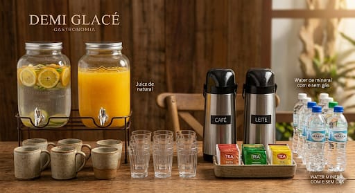 Sucos naturais, café e leite com chocolate quente